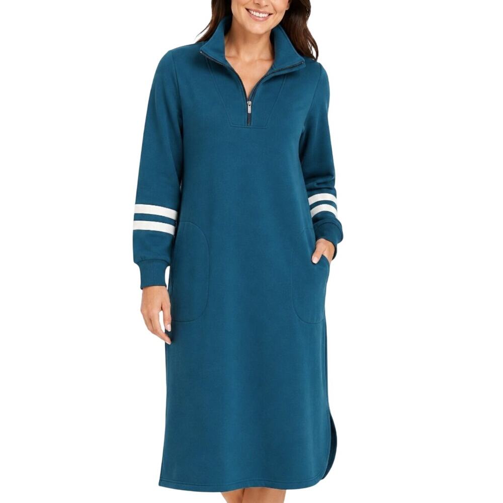 Carole Hochman Fleece Lounger Housecoat Gown Blue Half Zip Pockets Sleepwear S